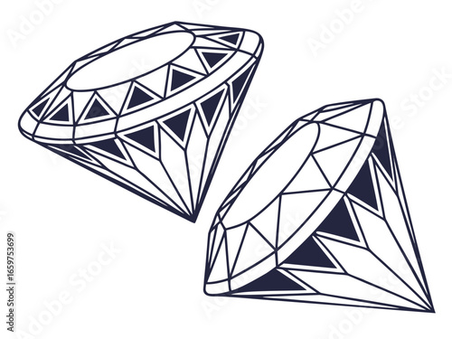Elegant Three-Stone Diamond Ring Design Illustration .A detailed, technical line drawing of a three-stone diamond engagement ring.