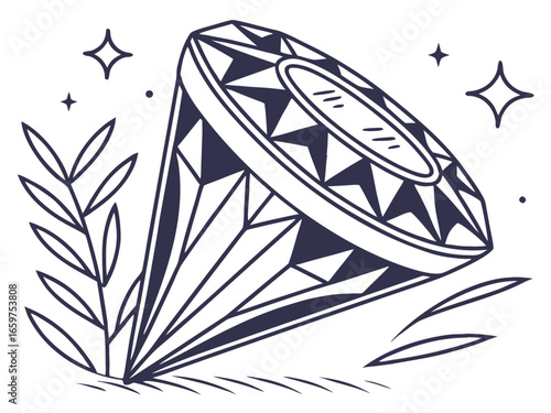 Elegant Three-Stone Diamond Ring Design Illustration .A detailed, technical line drawing of a three-stone diamond engagement ring.