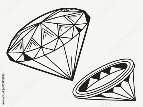 Elegant Three-Stone Diamond Ring Design Illustration .A detailed, technical line drawing of a three-stone diamond engagement ring.