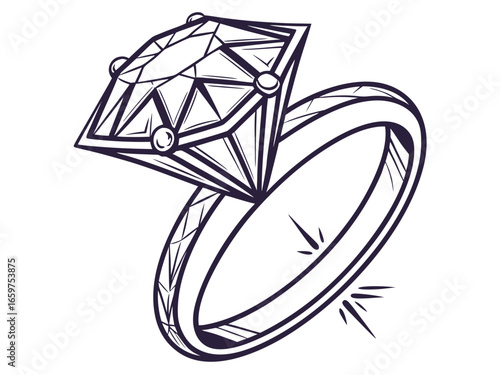 Elegant Three-Stone Diamond Ring Design Illustration .A detailed, technical line drawing of a three-stone diamond engagement ring.