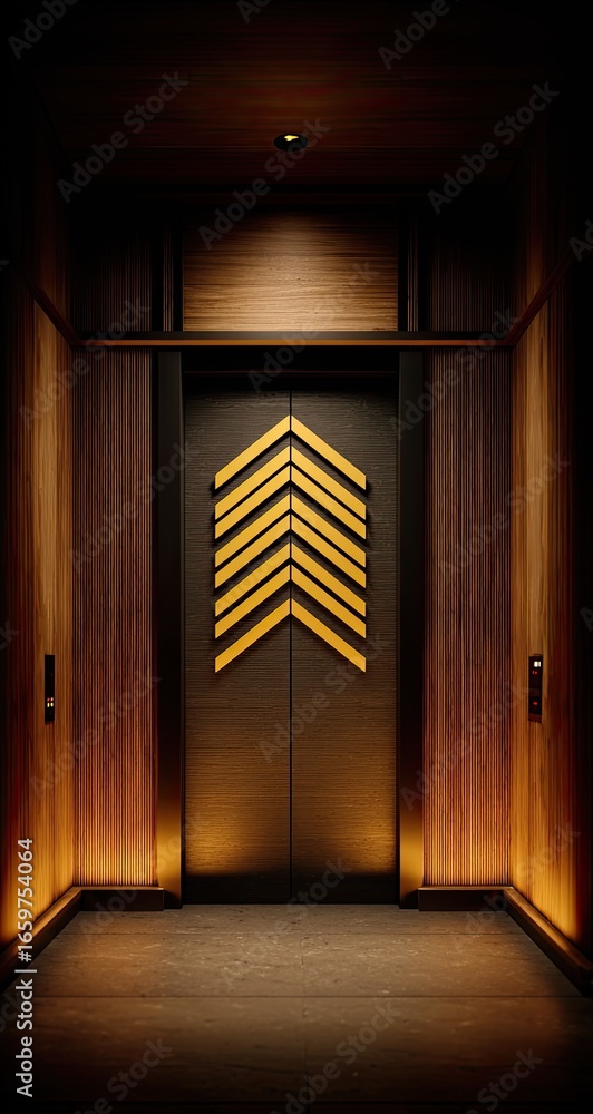 Fototapeta premium Luxury elevator interior, closed doors, modern design, illuminated arrow sign