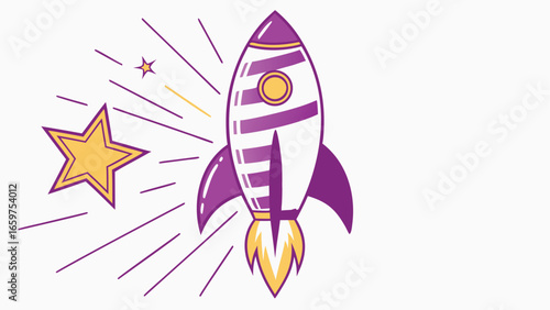 Purple and yellow rocket ship with star spaceship space