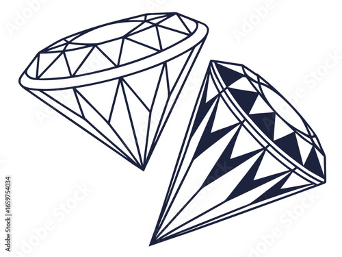 Elegant Three-Stone Diamond Ring Design Illustration .A detailed, technical line drawing of a three-stone diamond engagement ring.