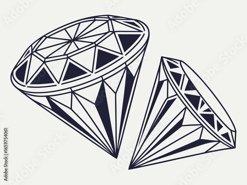 Elegant Three-Stone Diamond Ring Design Illustration .A detailed, technical line drawing of a three-stone diamond engagement ring.
