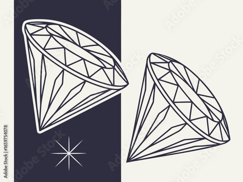 Elegant Three-Stone Diamond Ring Design Illustration .A detailed, technical line drawing of a three-stone diamond engagement ring.