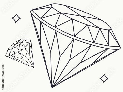 Elegant Three-Stone Diamond Ring Design Illustration .A detailed, technical line drawing of a three-stone diamond engagement ring.