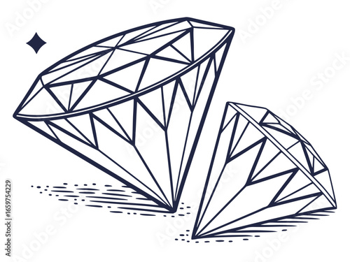 Elegant Three-Stone Diamond Ring Design Illustration .A detailed, technical line drawing of a three-stone diamond engagement ring.