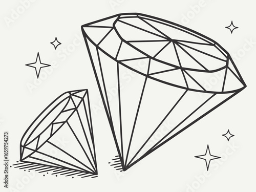 Elegant Three-Stone Diamond Ring Design Illustration .A detailed, technical line drawing of a three-stone diamond engagement ring.