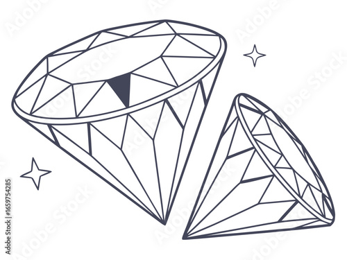 Elegant Three-Stone Diamond Ring Design Illustration .A detailed, technical line drawing of a three-stone diamond engagement ring.