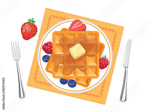 Waffles with butter, syrup and fruit top view vector illustration. Sweet square waffles on a plate icon set isolated on a white background. Waffles with berries and butter on a plate drawing