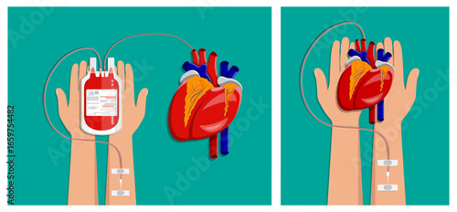 Human hands showing blood donation process on left and heart donation on right, concept of organ giving and health.