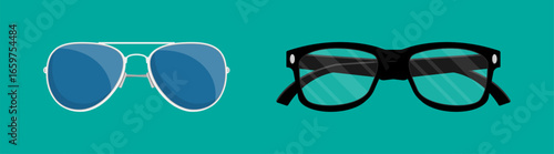 Two flat style sets of vector glasses. Sunglasses and prescription eyewear icon collection for fashion or vision accessory concept.