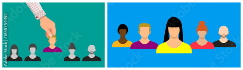 Hand picking a man from a group of different people in a recruitment process. Job selection and hiring concept. Flat style vector.