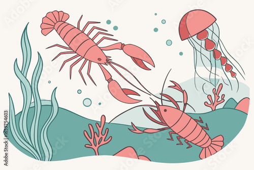 Lobster and jellyfish in underwater marine environment illustration