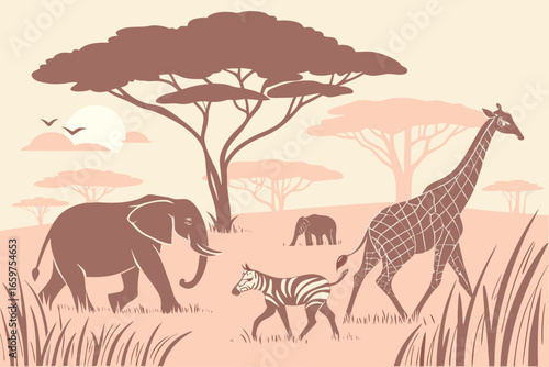 Illustration of african savanna with elephant, zebra and giraffe