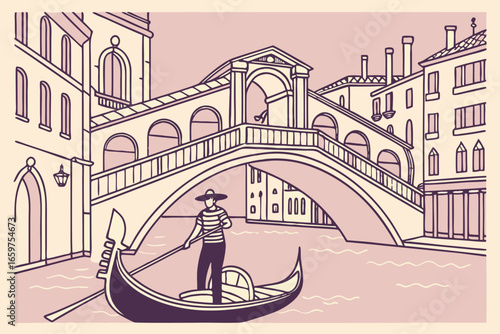 Illustration of venice with gondola, rialto bridge and buildings