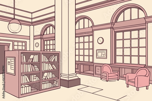 Illustration of a classic library interior with bookshelves and chairs
