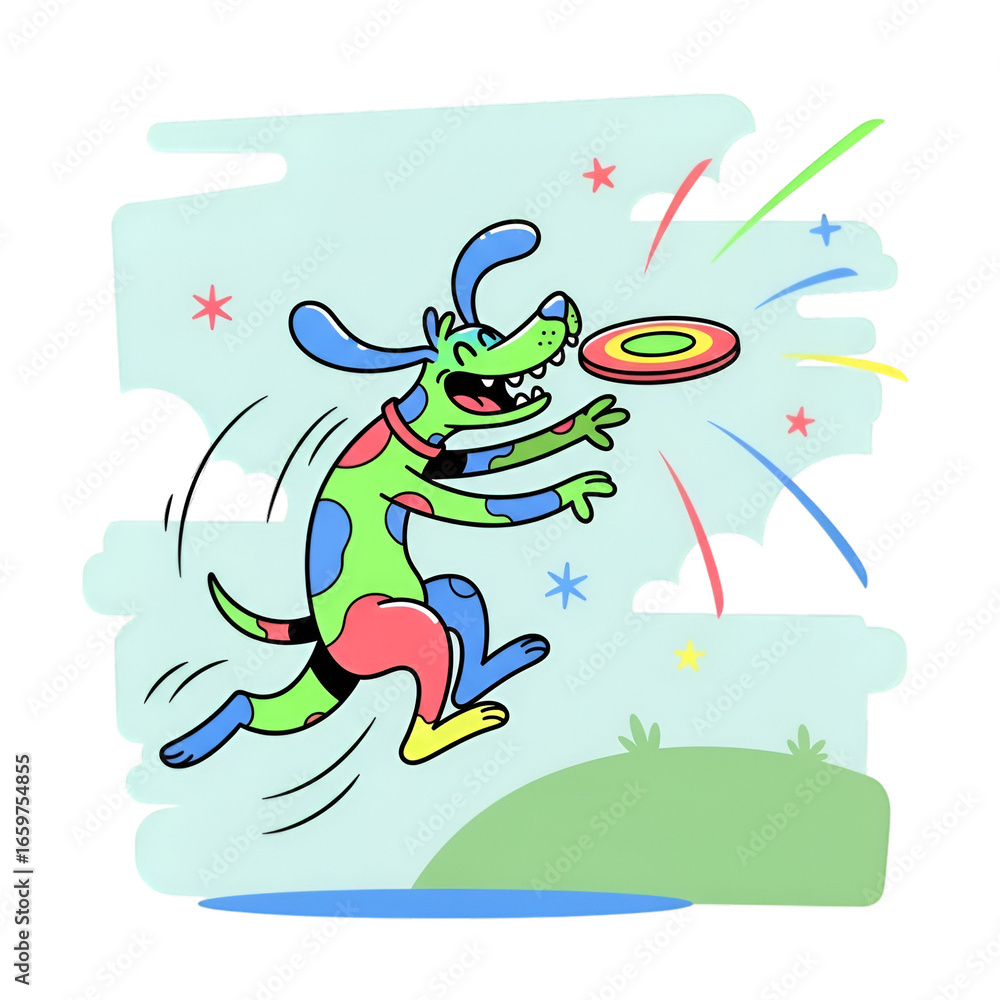 Obraz premium Colorful Cartoon Dog Playing with Frisbee in Exciting Outdoor Scene