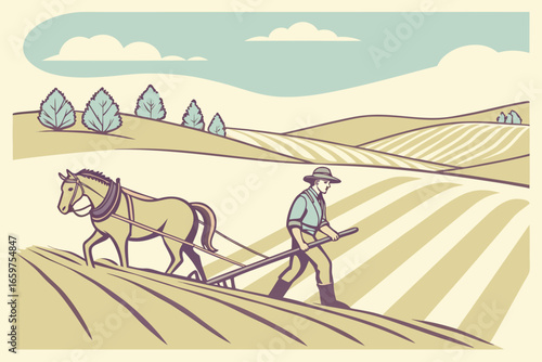 Illustration of a farmer plowing a field with a horse in the countryside