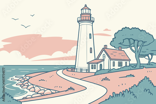 A lighthouse on the coast with a house, trees and birds flying