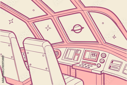 A spaceship cockpit interior with control panel, seats and windows