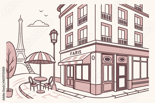 Charming illustration of a parisian cafe with the eiffel tower in background