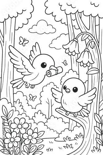 Two cute birds in a forest delivering a message in a charming illustration