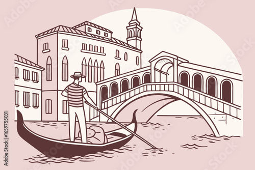 A gondolier navigates the canals of venice near the rialto bridge