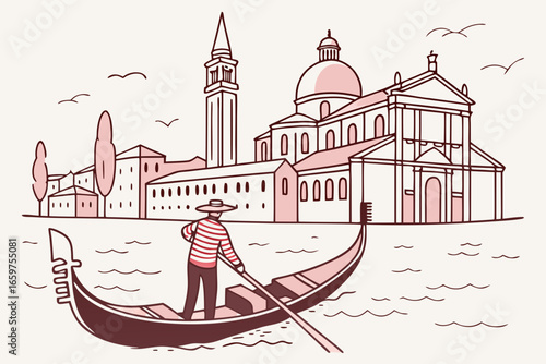 Gondola in venice, italy with vintage style illustration and architecture