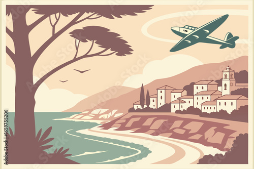 Vintage illustration of a coastal town with an airplane flying above it