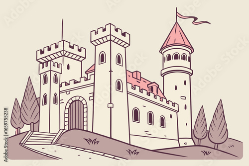 Illustration of a stone castle with towers, gates, and flag on top