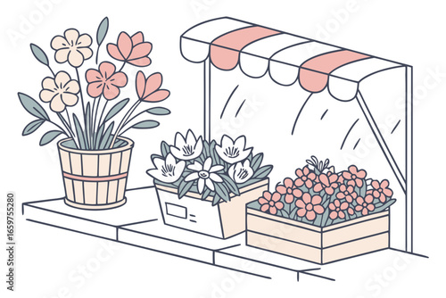 Flower shop with various flowers in pots