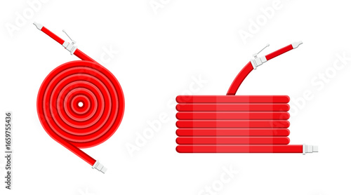 Red fire hose coiled and folded. Rolled firefighter equipment for emergency. Fire safety vector illustration.