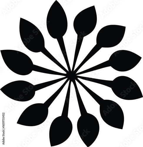 Abstract black flower shape with elongated petals radiating outward from a central point symmetric radial design