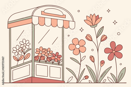 Illustration of a charming flower shop with blooming flowers