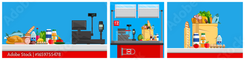 Set of shopping concepts with supermarket checkout and grocery item. Retail store with scanner and terminal. Product assortment on counter display.