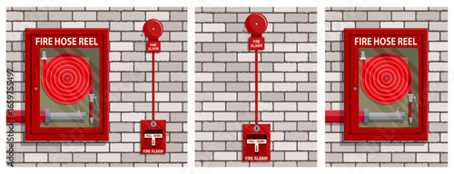 Fire hose reel box and pull station alarm systems on brick wall for emergency safety equipment.