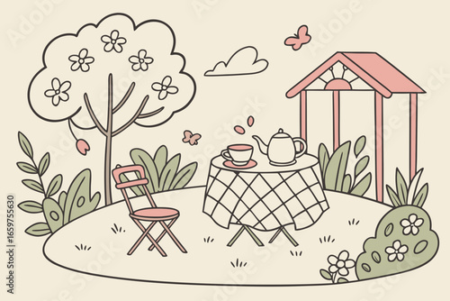 Illustration of a tea party in the garden with a tree and a gazebo