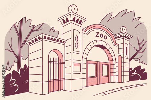 Illustration of the zoo entrance with trees and bushes around it