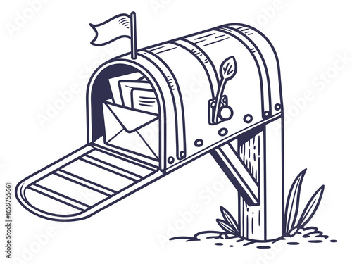 Cute, stylized illustration of a mail box. A simple, hand-drawn vector graphic of a mail box, perfect for branding, logos, or social media posts.