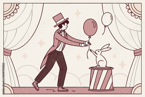 Magician performing a magic trick with rabbit and balloon on stage