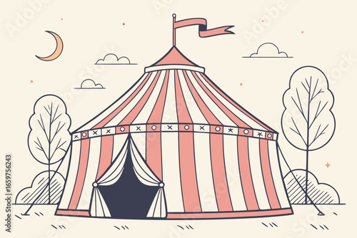 A vintage circus tent with trees and moon