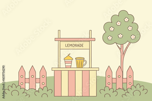 Illustration of a lemonade stand with tree and fence in the garden