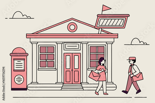 Post office building with mailman and woman delivering letters isolated