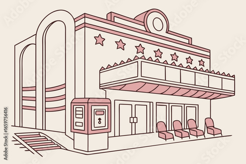 Illustration of a retro movie theater building with ticket booth and chairs