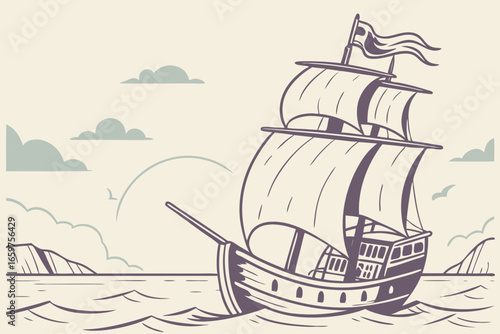 Vintage illustration of a sailing ship on the sea with clouds and island