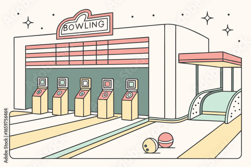 Illustration of a retro bowling alley with lanes, machines, and balls