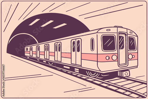 Illustration of a subway train entering a tunnel on a light background