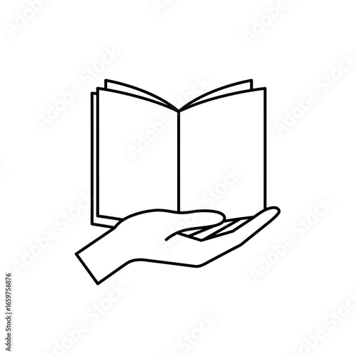 Open Book Held in Hand Simple Black Outline Illustration.