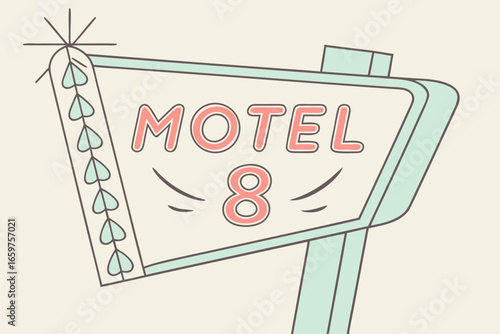 Illustration of a retro motel sign with neon lights and vintage design